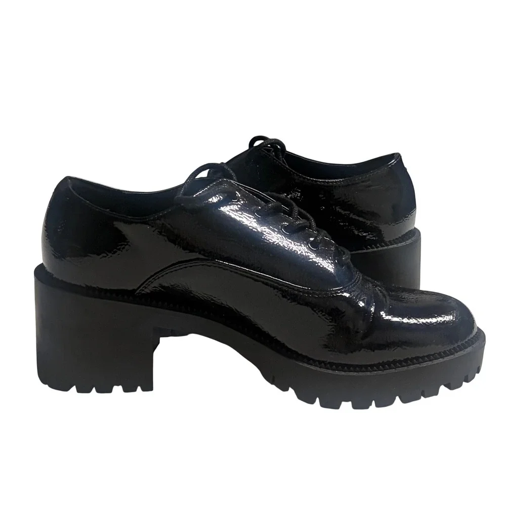 Mix‎ No. 6 Seren Black Patent Lug Sole Block Heel Lace Up Oxfords Shoes 9M